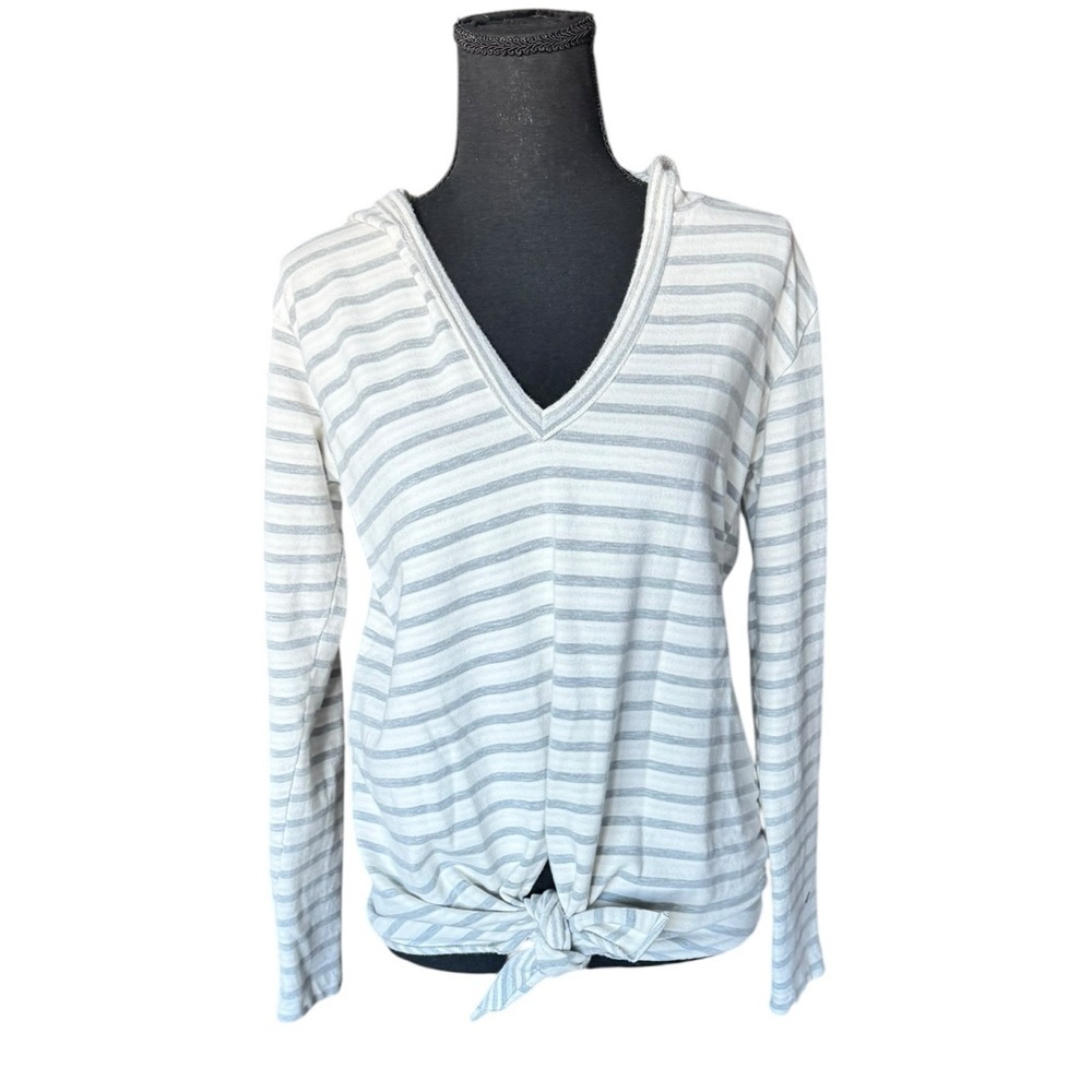 Left of Center Anthropologie Striped Hoodie Tie Front Top Blue White Small C52